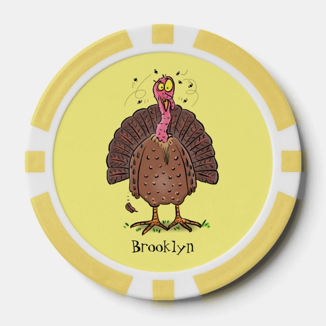 Funny brown farmyard turkey with flies cartoon poker chips (Front)