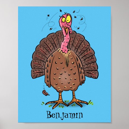 Funny brown farmyard turkey with flies cartoon poster