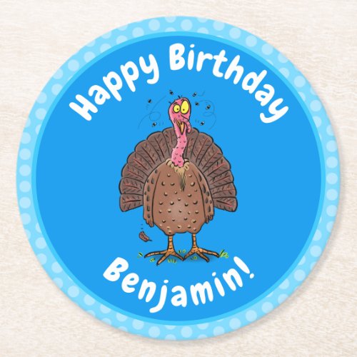 Funny brown farmyard turkey with flies cartoon round paper coaster