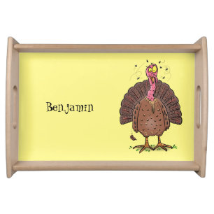 Funny brown farmyard turkey with flies cartoon serving tray