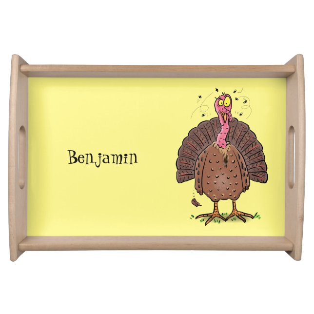 Funny brown farmyard turkey with flies cartoon serving tray (Front)