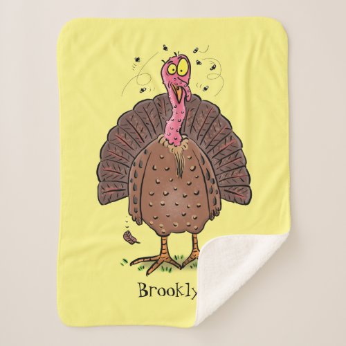 Funny brown farmyard turkey with flies cartoon sherpa blanket