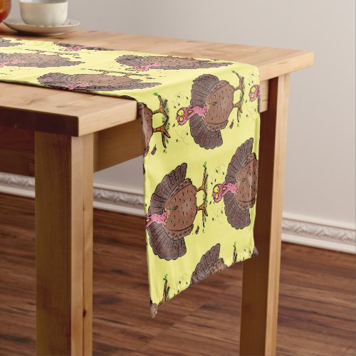 Funny brown farmyard turkey with flies cartoon short table runner