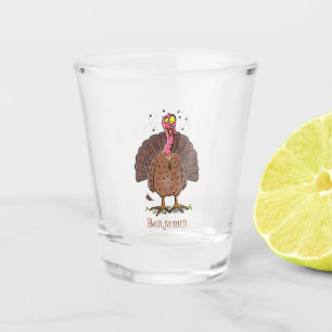 Funny brown farmyard turkey with flies cartoon shot glass