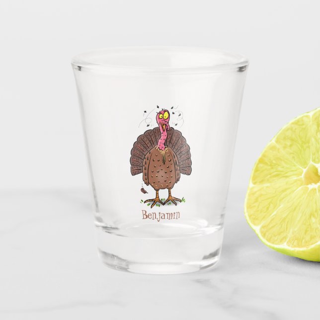 Funny brown farmyard turkey with flies cartoon  shot glass (Front)