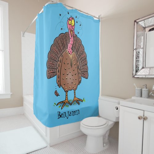 Funny brown farmyard turkey with flies cartoon shower curtain