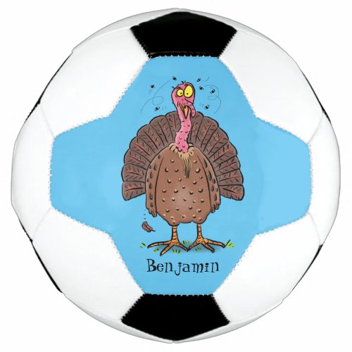 Funny brown farmyard turkey with flies cartoon soccer ball