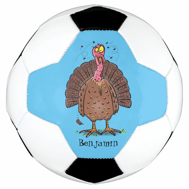 Funny brown farmyard turkey with flies cartoon soccer ball (Front)