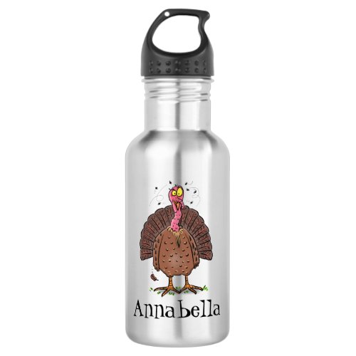 Funny brown farmyard turkey with flies cartoon stainless steel water bottle