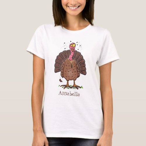 Funny brown farmyard turkey with flies cartoon T_Shirt