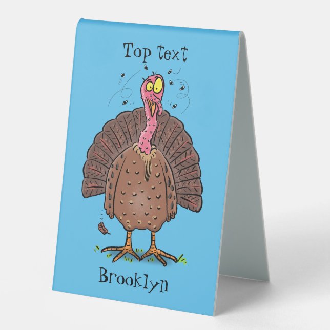 Funny brown farmyard turkey with flies cartoon table tent (Front)