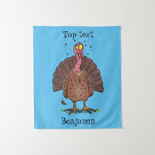 Funny brown farmyard turkey with flies cartoon tapestry