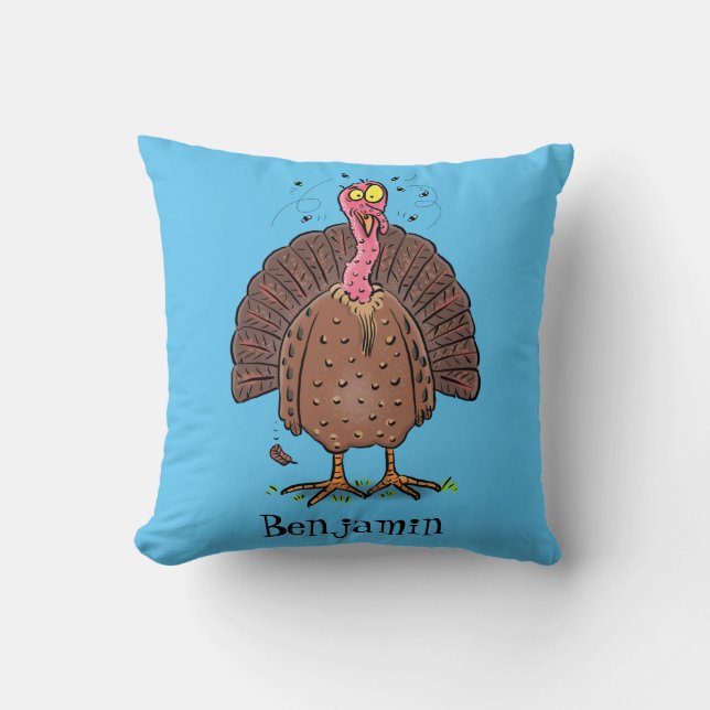 Funny brown farmyard turkey with flies cartoon throw pillow (Front)