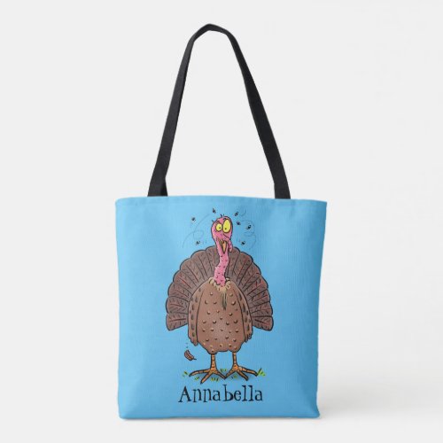 Funny brown farmyard turkey with flies cartoon tote bag