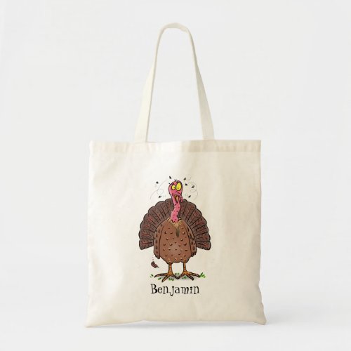 Funny brown farmyard turkey with flies cartoon tote bag