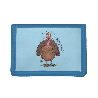 Funny brown farmyard turkey with flies cartoon trifold wallet