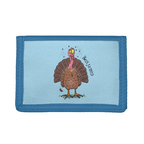 Funny brown farmyard turkey with flies cartoon trifold wallet