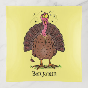 Funny brown farmyard turkey with flies cartoon trinket tray