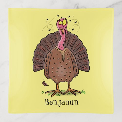 Funny brown farmyard turkey with flies cartoon trinket tray
