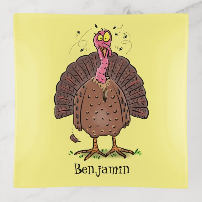 Funny brown farmyard turkey with flies cartoon trinket tray (Front)