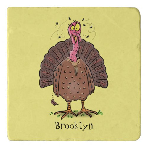 Funny brown farmyard turkey with flies cartoon trivet