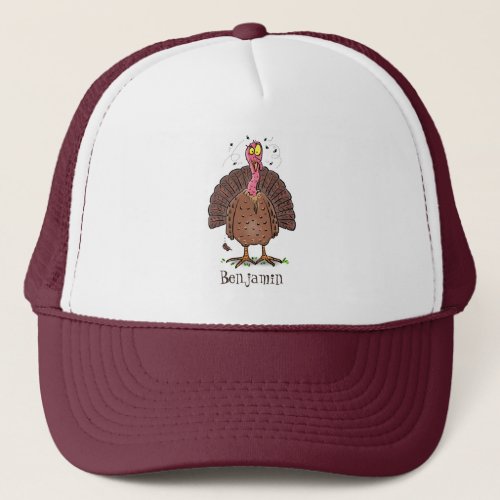 Funny brown farmyard turkey with flies cartoon trucker hat