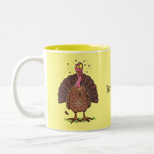 Funny brown farmyard turkey with flies cartoon Two_Tone coffee mug
