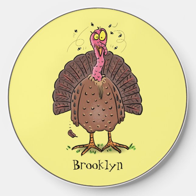 Funny brown farmyard turkey with flies cartoon wireless charger  (Front)