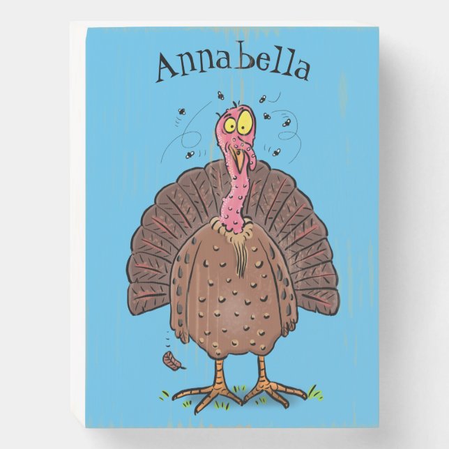 Funny brown farmyard turkey with flies cartoon wooden box sign (Front Vertical)