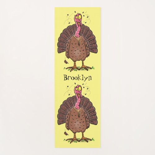 Funny brown farmyard turkey with flies cartoon yoga mat