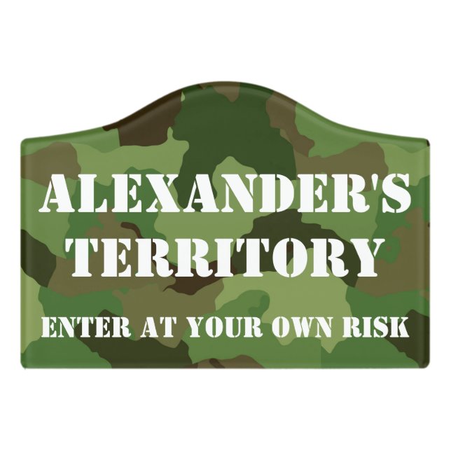 Funny Brown & Green Camo-Style Kids Room Door Sign (Small Crest Front)
