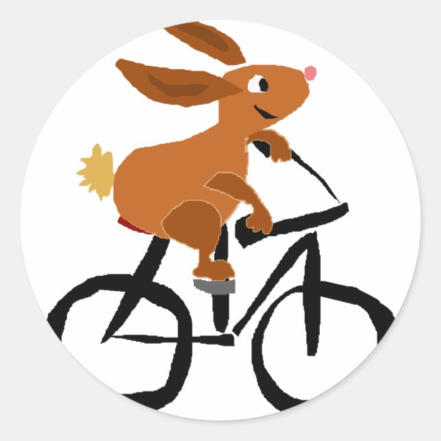 Funny Brown Rabbit Riding Bicycle Classic Round Sticker (Front)