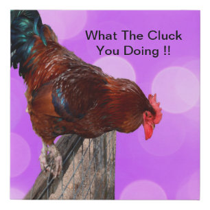 Funny Brown Rooster On A Fence Faux Canvas Print