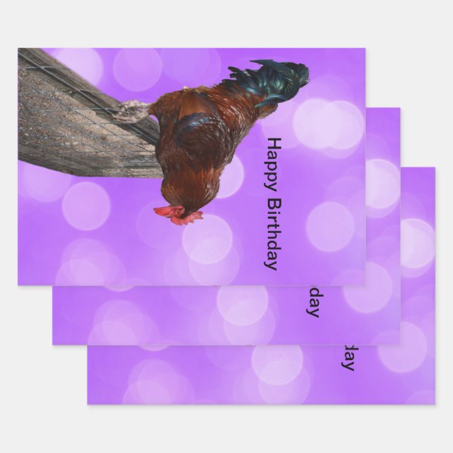 Funny Brown Rooster On A Fence Wrapping Paper Sheets (Set)