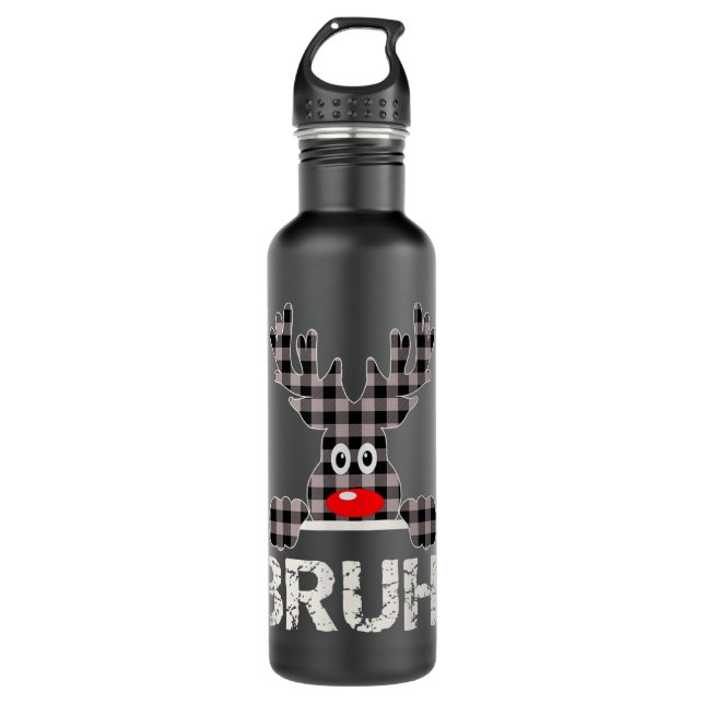 Funny Bruh Buffalo Plaid Reindeer  Stainless Steel Water Bottle (Front)