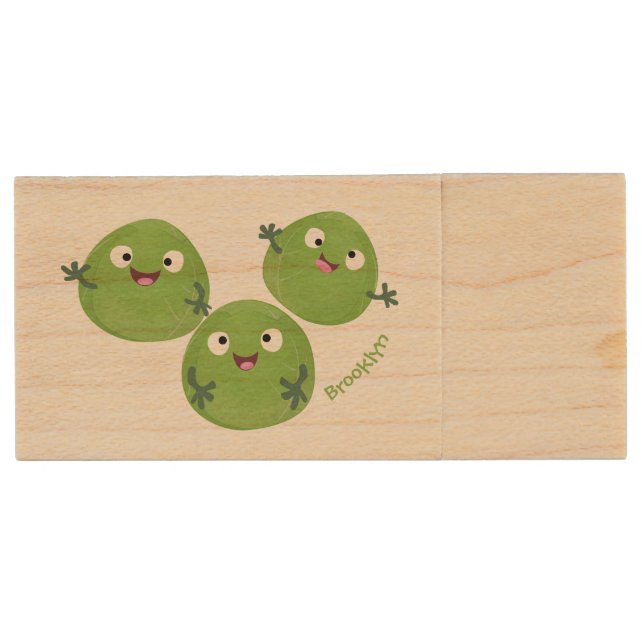 Funny Brussels sprouts vegetables cartoon Wood Flash Drive (Front)