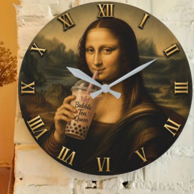 Funny Bubble Tea Mona Lisa  Large Clock (Creator Uploaded)