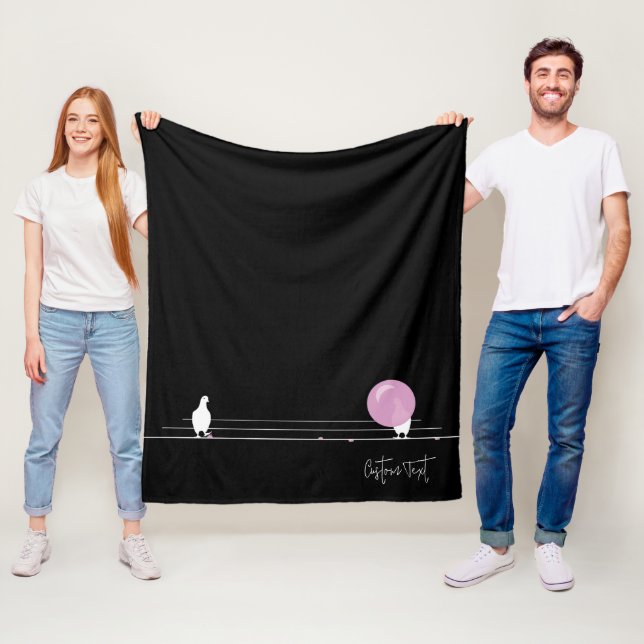 Funny Bubblegum Birds on a Wire Black Fleece Blanket (In Situ)