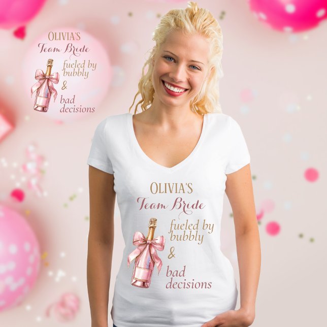 Funny Bubbly Party Pink Gold Team Bride  T-Shirt (Here comes the bride and her Team Bride Crew. Fun bachelorette party matching shirts. )