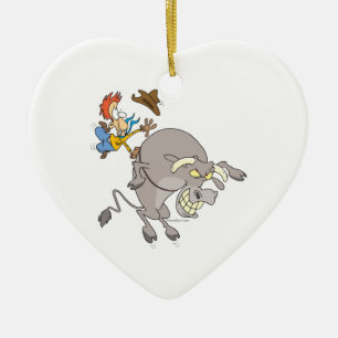 funny bucking bull bull rider rodeo cowboy cartoon ceramic ornament