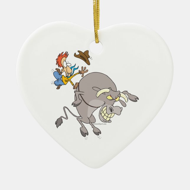 funny bucking bull bull rider rodeo cowboy cartoon ceramic ornament (Front)
