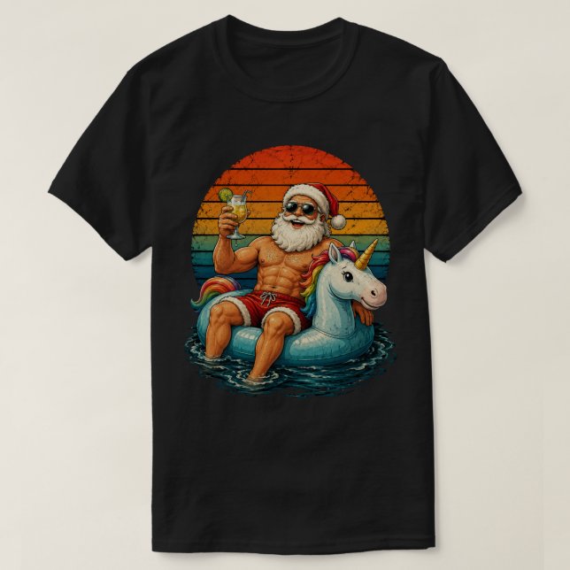 Funny Buff Santa Unicorn Float Tropical T-Shirt (Design Front)