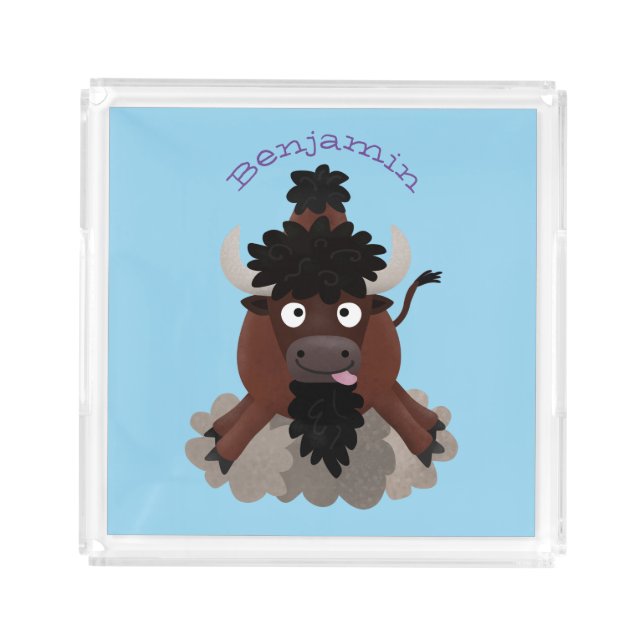 Funny buffalo bison cartoon illustration acrylic tray (Front)