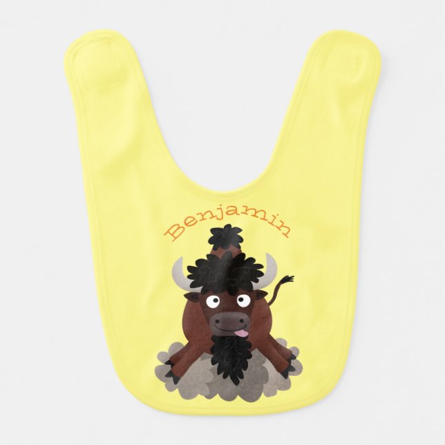 Funny buffalo bison cartoon illustration baby bib (Front)