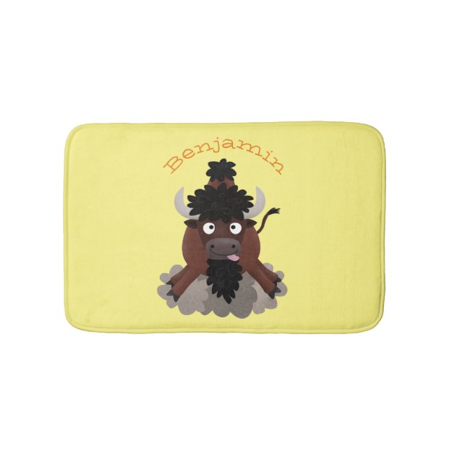 Funny buffalo bison cartoon illustration bath mat (Front)