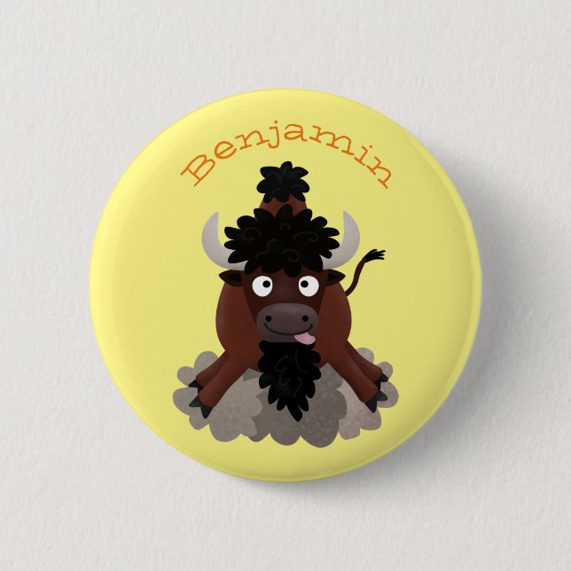 Funny buffalo bison cartoon illustration button (Front)