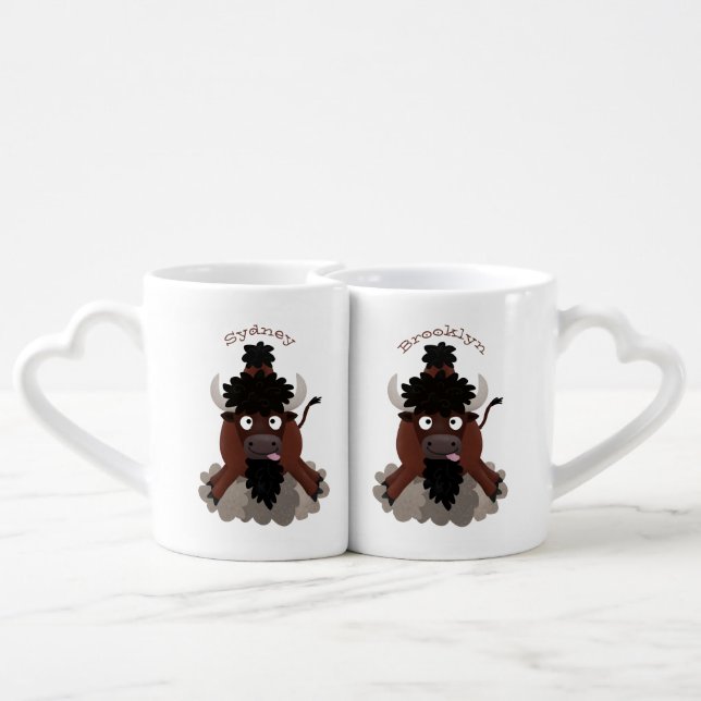 Funny buffalo bison cartoon illustration coffee mug set (Back Nesting)