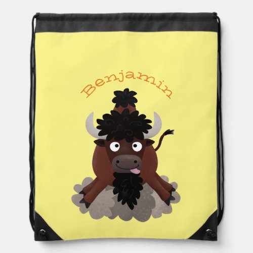 Funny buffalo bison cartoon illustration drawstring bag
