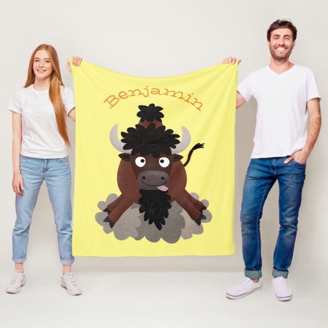 Funny buffalo bison cartoon illustration fleece blanket (In Situ)