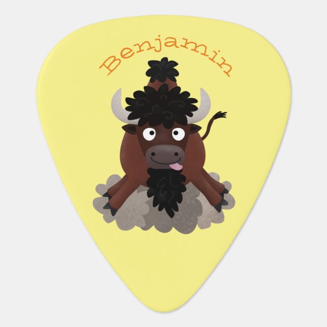 Funny buffalo bison cartoon illustration  guitar pick (Front)